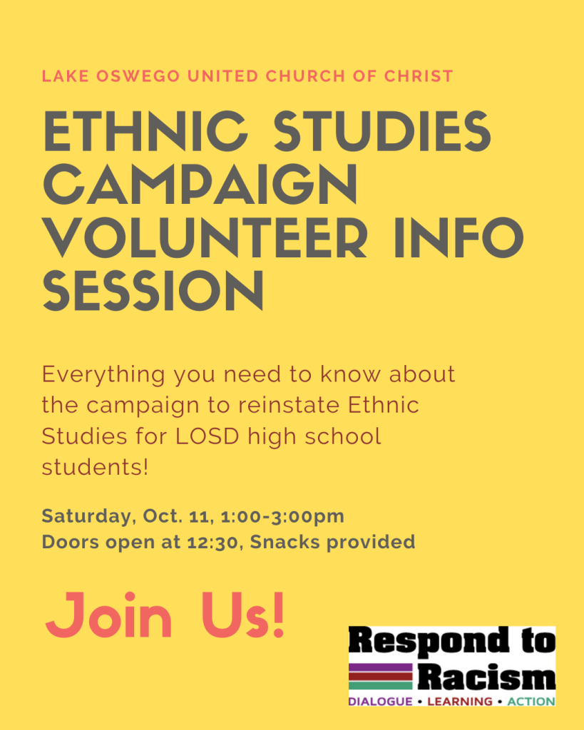 Flyer for Volunteer information session on October 11, 1-3pm at United Church of Christ Lake Oswego
