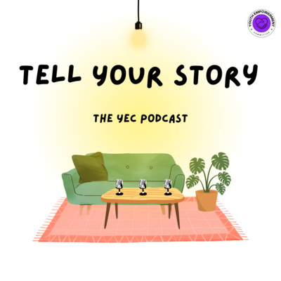 Podcast cover art cozy green couch with 3 microphones on the coffee table